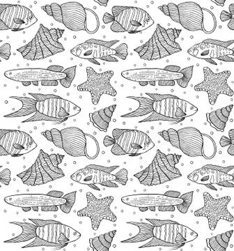 Pattern with fishes and shells. Stock Illustration