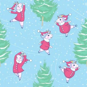 Pattern with five cute unicorn skates with a Santa Claus coat and hat on blue Illustrazione stock