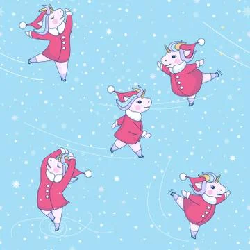Pattern with five cute unicorn skates with a Santa Claus coat and hat on blue Stock Illustration