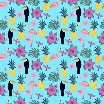 Pattern with flamingo, pineapple, toucan and monstera leaves. Stock Illustration
