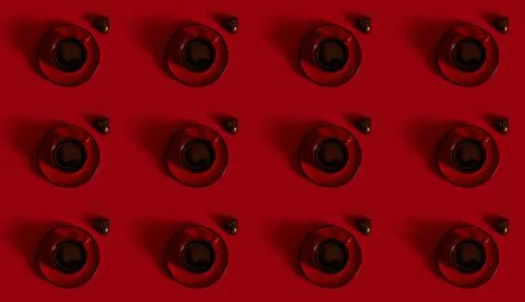 Pattern of Flat lay composition with a red cup of coffee on a ceramic saucer  Stock Photos