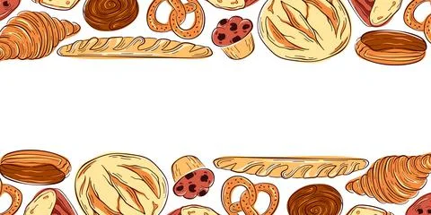 Pattern with flat style bakery product, bread, croissant, baguette and pretzel Stock Illustration