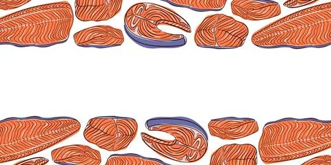 Pattern with flat style salmon fillet arranged as a decorative border. Seafood Stock Illustration