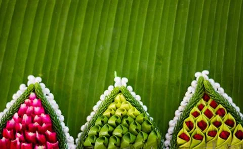 Pattern of floating basket by banana leaf for Loy Kratong Festival, river god Stockfoto's