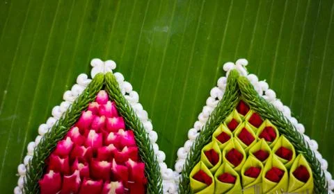 Pattern of floating basket by banana leaf for Loy Kratong Festival, river god Stockfoto's
