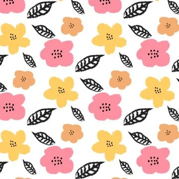 Pattern with flora and leaves on white background. Stock Illustration