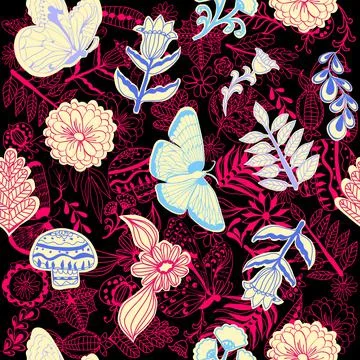 Pattern with flower and foliage collection doodle style botanical elements. 스톡 일러스트