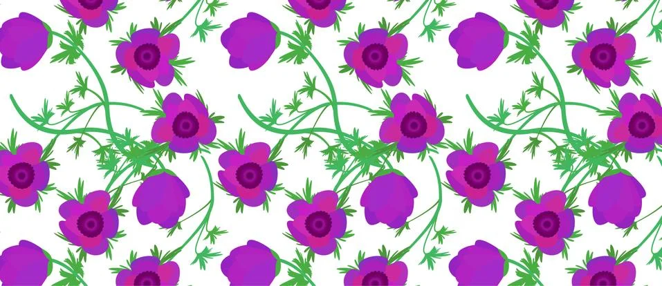 Pattern with flower Anemone, pink spring flower with stem Stock Illustration