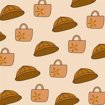 Pattern a flower bag and brown school straw hat on cream background. Doodle hat  库存插图