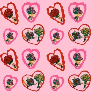 Pattern of Flower Bouquets in Heart Frames on Pink Background Illustrazione stock