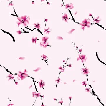 Pattern flowers and branches of sakura on a pink background Stock Illustration