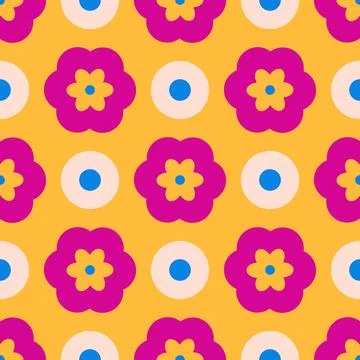A pattern of flowers and circles in a bright yellow and pink color scheme Stock Illustration
