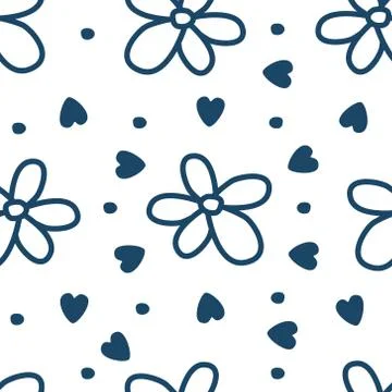 Pattern with flowers and hearts. blue line Stock Illustration