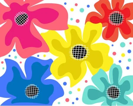 Pattern with flowers and leaves in black, yellow, pink, blue and red on white Stock Illustration
