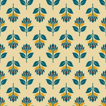 A pattern of flowers and leaves in a blue and yellow color scheme Stock Illustration