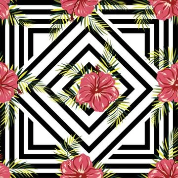 Pattern flowers on geometric background Stock Illustration