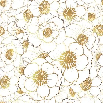 Pattern flowers golden. Seamless pattern with gold anemone flowers. White bac Stock Illustration