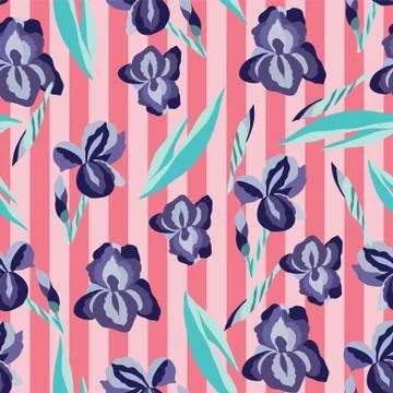Pattern with flowers irises on the striped background. Stock Illustration