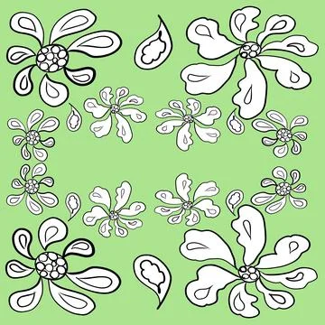 Pattern flowers, leaves, flowers, light green, pink, blue, yellow, botany, line  Stock Illustration