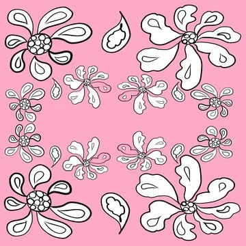 Pattern flowers, leaves, flowers, light green, pink, blue, yellow, botany, line  Stock Illustration