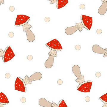 Pattern of fly agarics and circles in style of doodles on white background Stock Illustration
