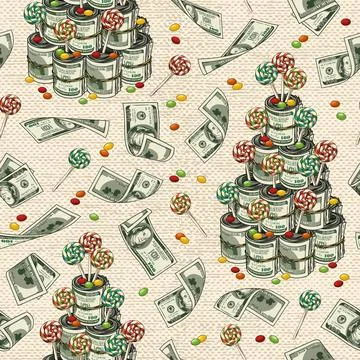 Pattern with flying banknotes, pyramid made of bundles of 100 US dollar bills Stock Illustration