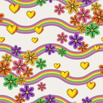 Pattern with flying chamomile flowers, hearts Stock Illustration