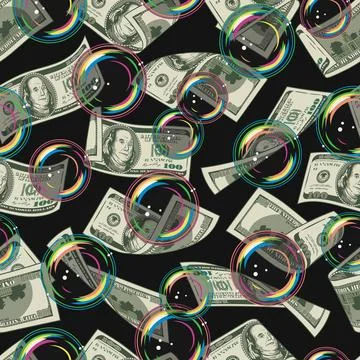 Pattern with flying dollar bills, soap bubbles. 스톡 일러스트