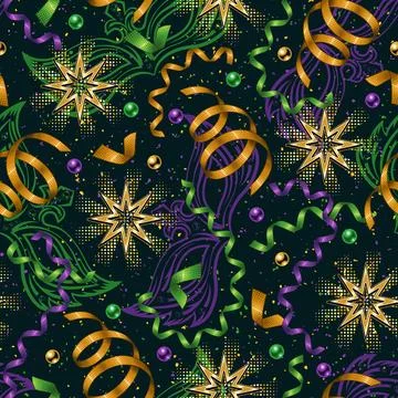 Pattern with flying, falling serpentine ribbons, beads, gold shiny stars Stock Illustration