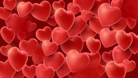 Pattern of flying realistic 3d hearts, red volumetric balloons in the shape of Stock Illustration
