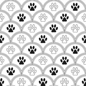 Pattern with footprints of pet in fan-shaped grid Illustrazione stock