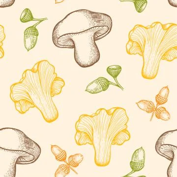 Pattern with forest mushrooms and acorns Stock Illustration