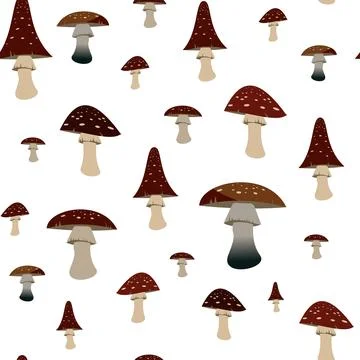 Pattern of forest mushrooms. Fly agarics of different shapes on a white backg Stock Illustration