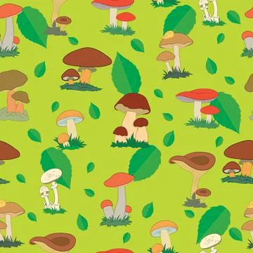 Pattern of forest mushrooms on a green background, cartoon illustration, vect Stock Illustration