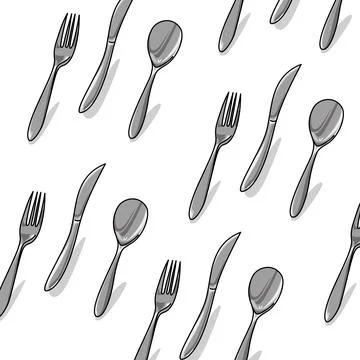 A pattern of forks and spoons on a white background. Table utility and kitchen w Stock Illustration