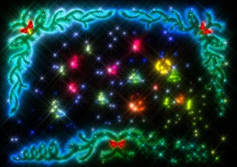 Pattern in the form of fir branches with cones and bells with glitter stars and Stock Illustration