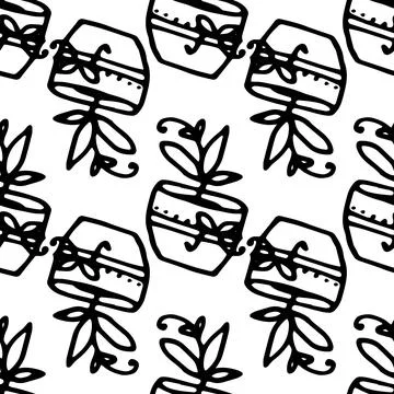 The pattern is in the form of a flower pot with a twig with sharp leaves and a Stock Illustration