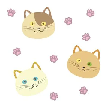 Pattern in the form of kittens faces and paw prints. Stock Illustration
