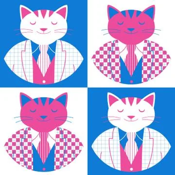 Pattern with four cartoon cats in plaid jacket, vest and necktie Stock Illustration