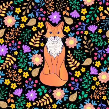 Pattern with fox,flowers and leaves Stock Illustration