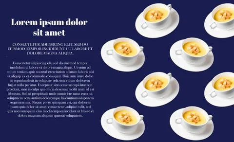 Pattern with framed plates with mashed soup on a dark blue background. Place  Stock Photos