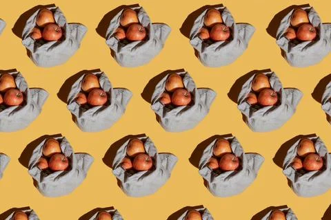 Pattern of fresh apples in a linen bag, zero waste grossery shopping concept Stock Photos