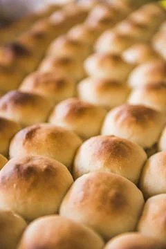 Pattern of fresh baked round bread rolls at a bakery, Mendoza, Mendoza Province, Foto stock