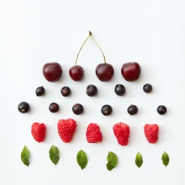 Pattern of fresh berries isolated on white background. Flat lay of raspberry 스톡 사진
