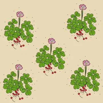 A pattern of fresh clover leaves  plants and pink flower with red berries on cre Stock Illustration