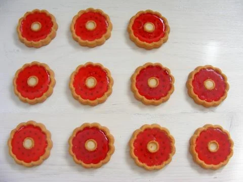 Pattern of fresh fruit jelly cookie on white Stock Photos