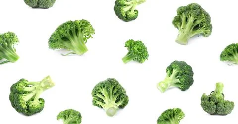 Pattern of fresh green broccoli on white background, banner design Stock Photos