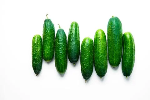 A pattern of fresh green cucumbers on a white background. Top view Stock Photos