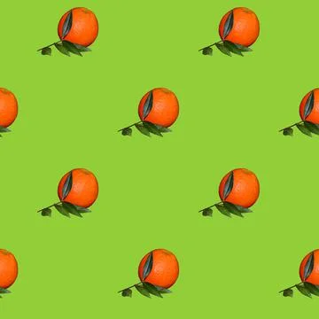 Pattern of Fresh orange citrus fruit with leaf isolated on green background. Stock Illustration
