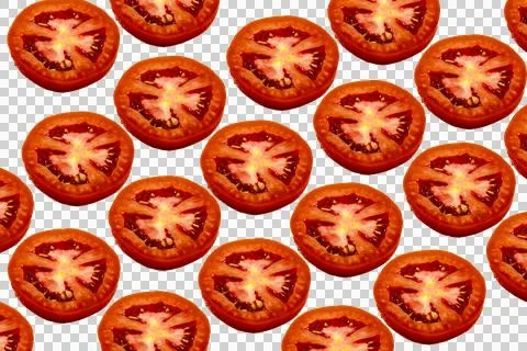 Pattern of fresh red tomato slices, cross-section view of round vegetable p.. Stock Photos